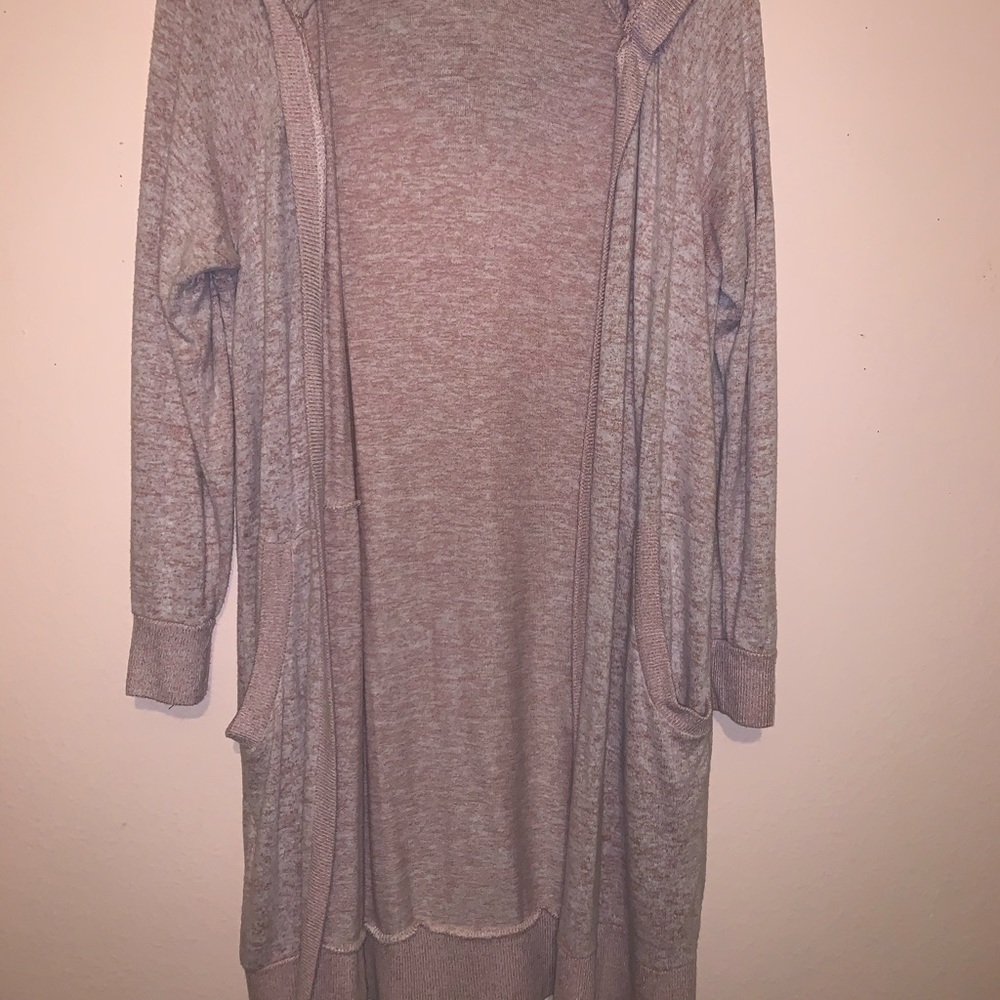 Full length blush pink Cardigan with a hood
